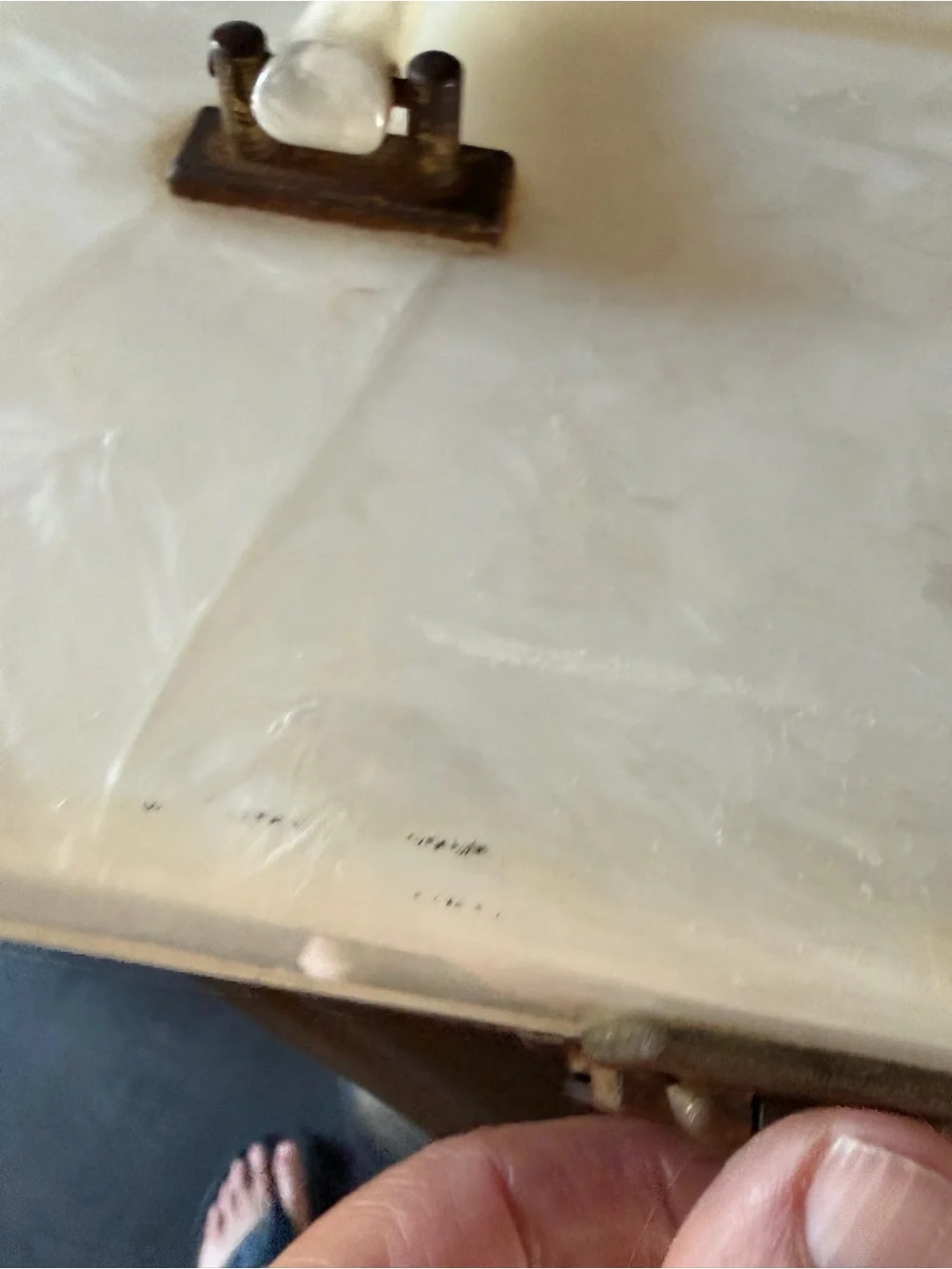Vintage lucite plastic Pearl White Jewelry/makeup  Box with Brass Latch